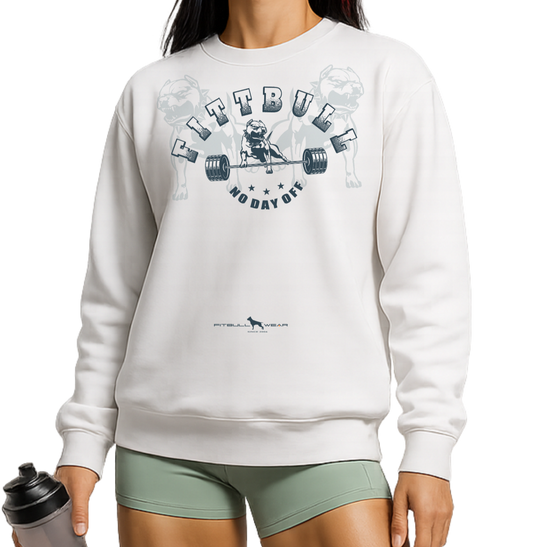 Woman wearing a white sweatshirt with a logo Fitbull, green shorts, and white sneakers on a white background