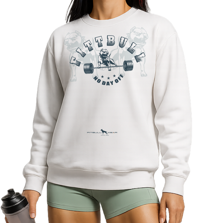 Woman wearing a white sweatshirt with a logo Fitbull, green shorts, and white sneakers on a white background