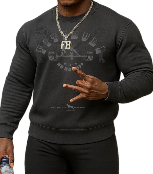 Man wearing a black, sports sweatshirt, hat and pants Fitbull, holding a water bottle