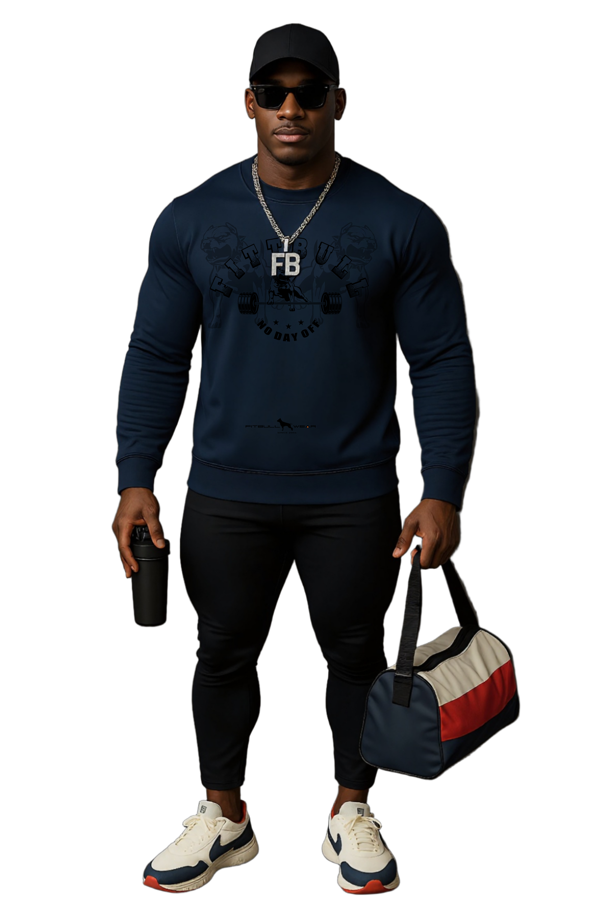 Man wearing a navy sweatshirt with a logo Fitbull, holding a duffel bag and a water bottle, on a white background