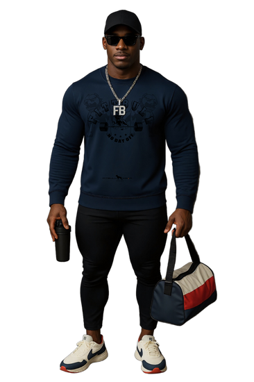 Man wearing a navy sweatshirt with a logo Fitbull, holding a duffel bag and a water bottle, on a white background
