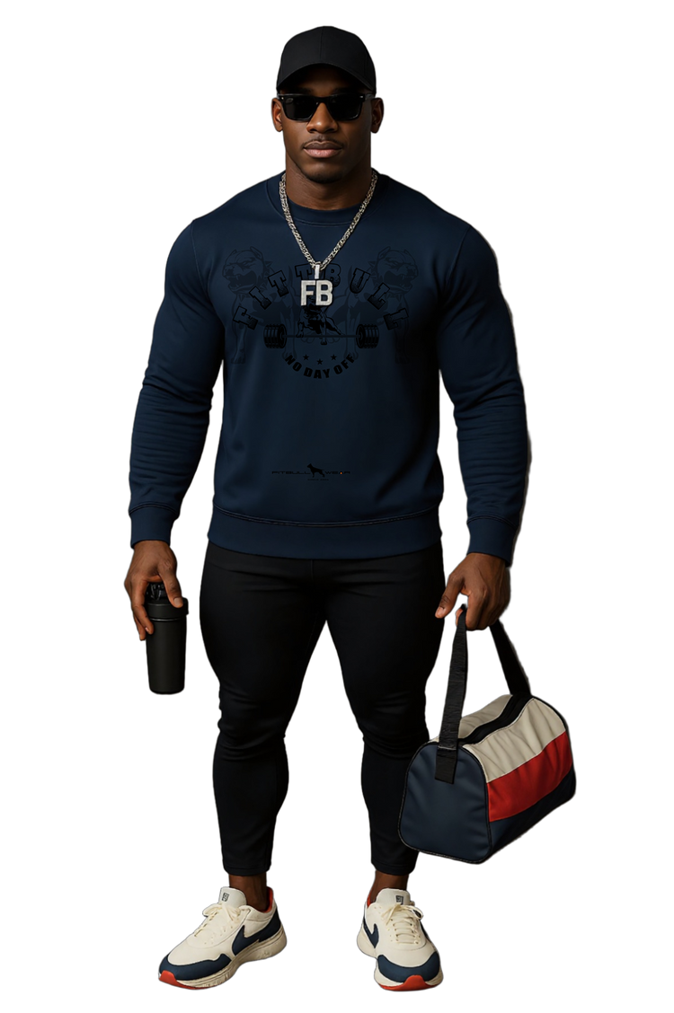 Man wearing a navy sweatshirt with a logo Fitbull, holding a duffel bag and a water bottle, on a white background
