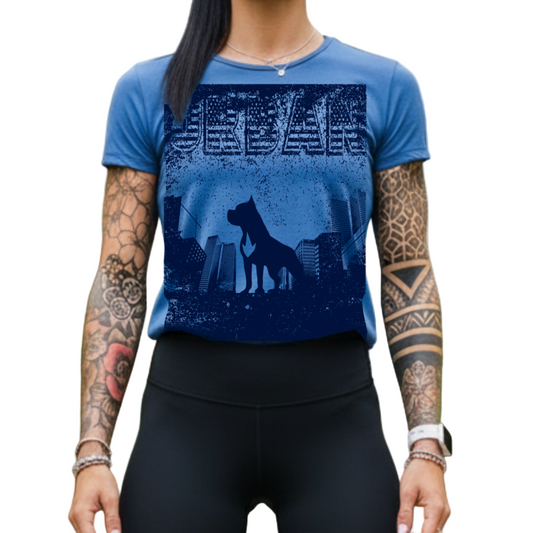 A woman wearing a blue Fitbull t-shirt with motivational Urban graphic design and black Fitbull leggings.