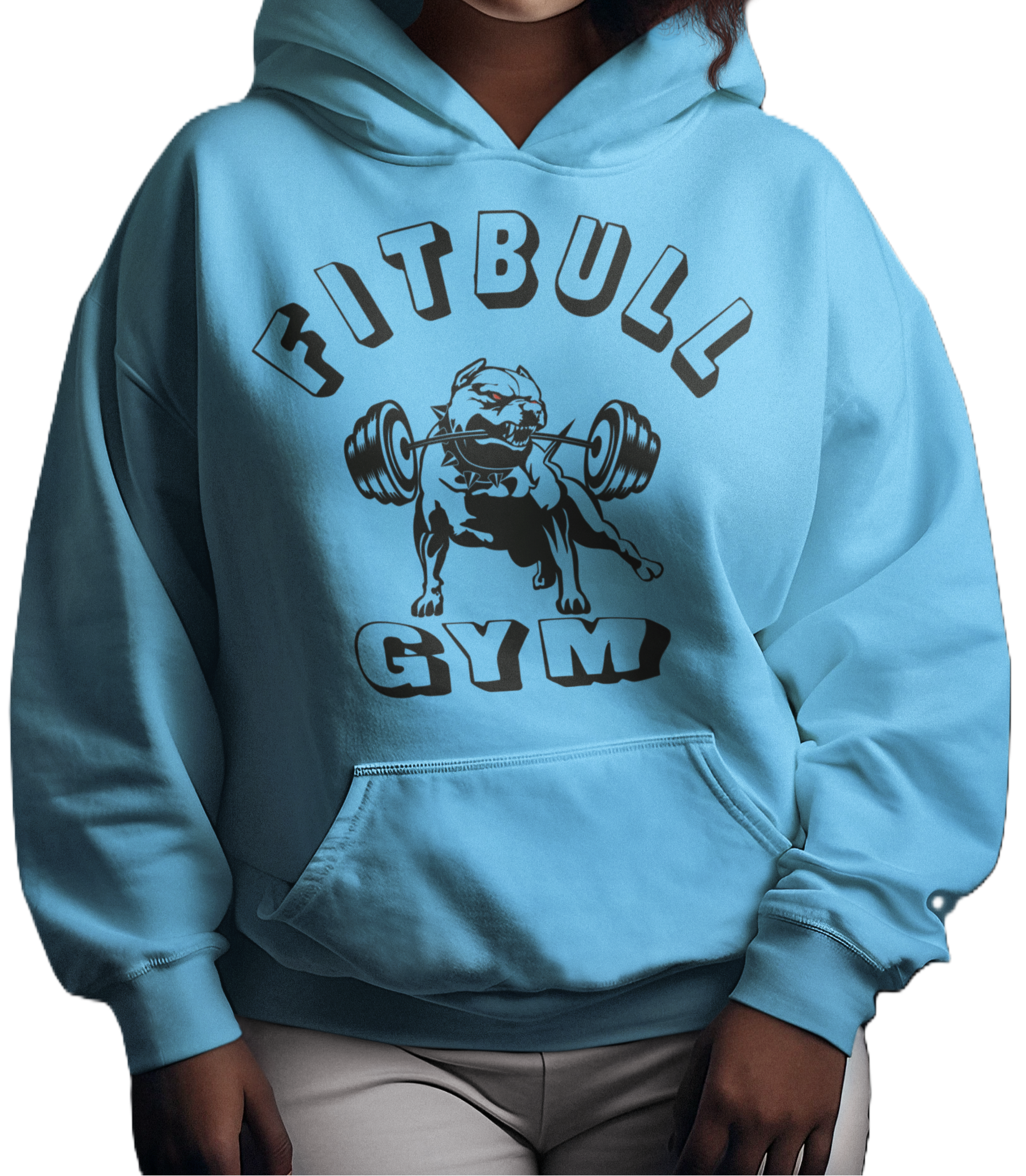 Female bodybuilder with a sports hoodie for fitness and bodybuilding of the brand Fitbull branded with a motivating motif front view