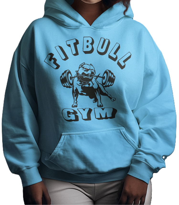 Female bodybuilder with a sports hoodie for fitness and bodybuilding of the brand Fitbull branded with a motivating motif front view