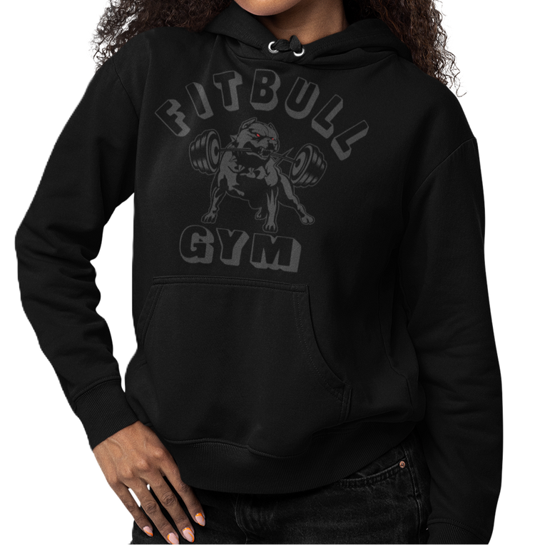male bodybuilder with a black sports hoodie for fitness and bodybuilding of the brand Fitbull branded with a motivating motif front view