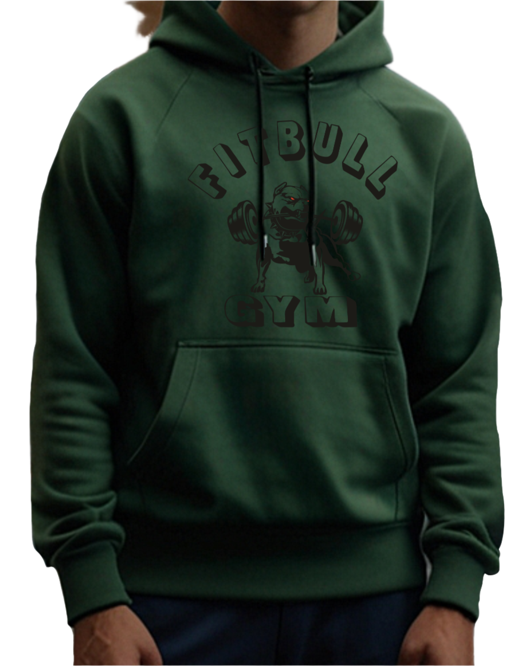 Female bodybuilder with a green sports hoodie for fitness and bodybuilding of the brand Fitbull branded with a motivating motif front view