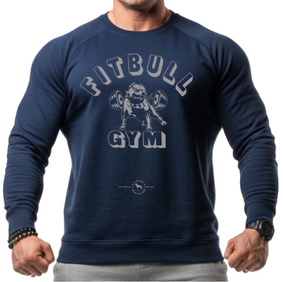 Man wearing a navy 'Fitbull Gym' sweatshirt and gray pants on a white background