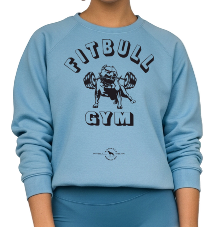 Woman in a gym wearing a blue 'Fitbull Gym' sweatshirt and leggings.