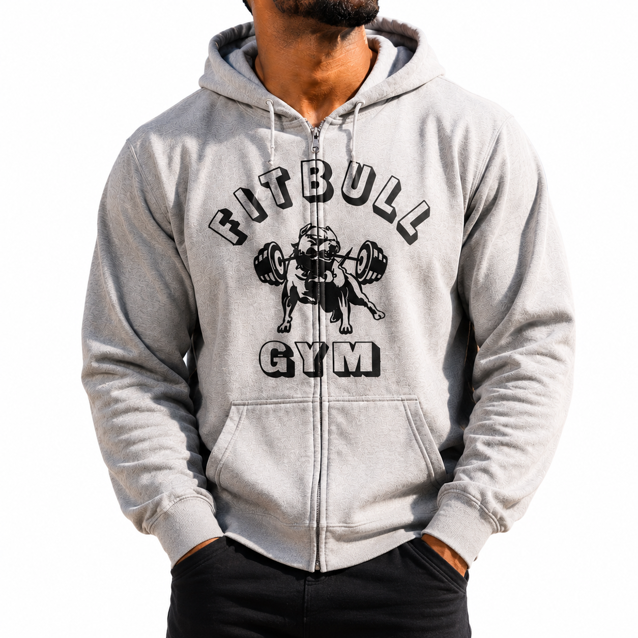 Gray hoodie with 'Fitbull Gym' logo on a white background