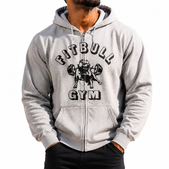 Gray hoodie with 'Fitbull Gym' logo on a white background