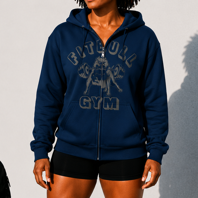 Person wearing a navy blue hoodie with 'Fitbull Gym' branding, standing next to gym equipment.