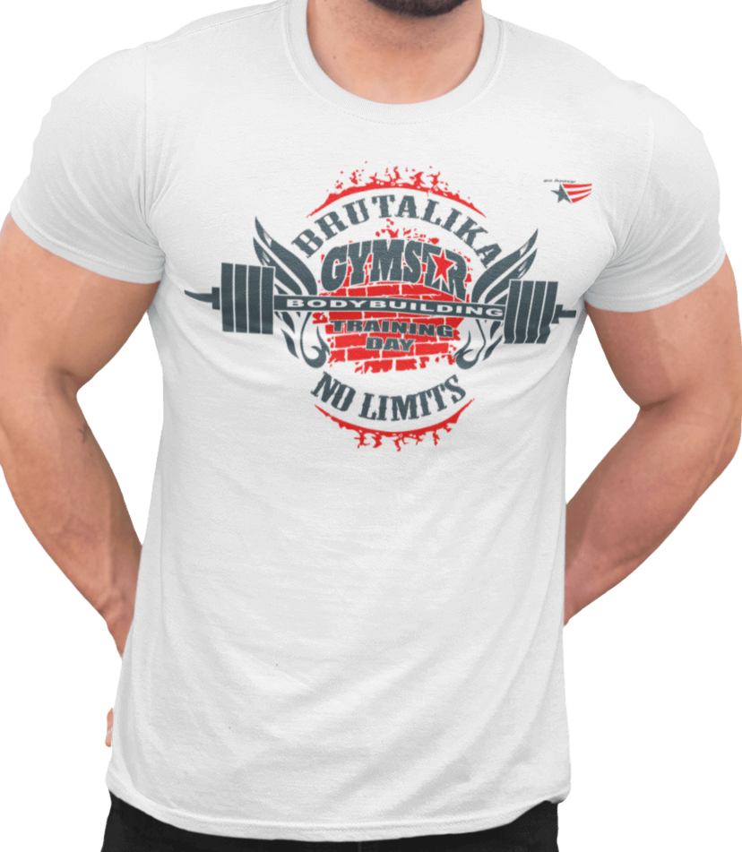 A man wearing a white Gymstar t-shirt with a graphic print that includes text Brutalika, weight lifting barbel and a logo related to fitness and bodybuilding.