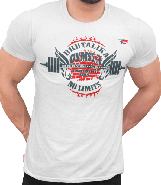 A man wearing a white Gymstar t-shirt with a graphic print that includes text Brutalika, weight lifting barbel and a logo related to fitness and bodybuilding.