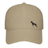 A  beige baseball Fittbull cap with a black logo of a pitbull on the front.