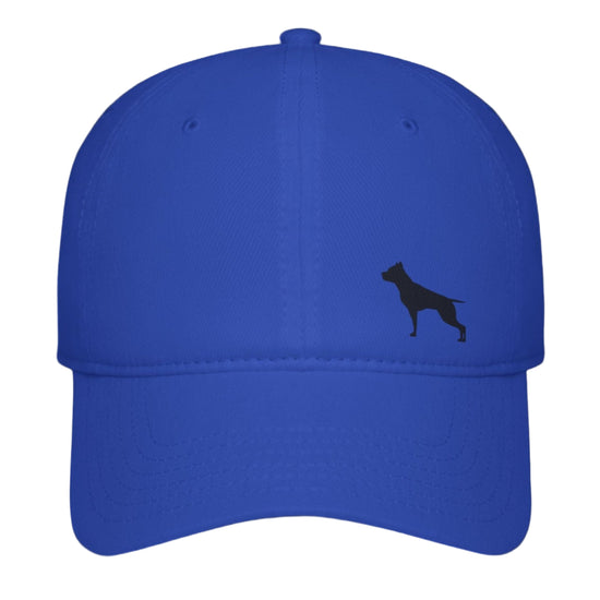 A blue  baseball Fittbull cap with a white logo of a pitbull on the front.