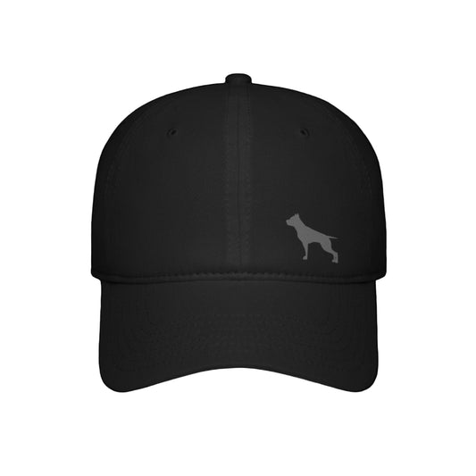 A black baseball Fittbull cap with a white logo of a pitbull on the front.