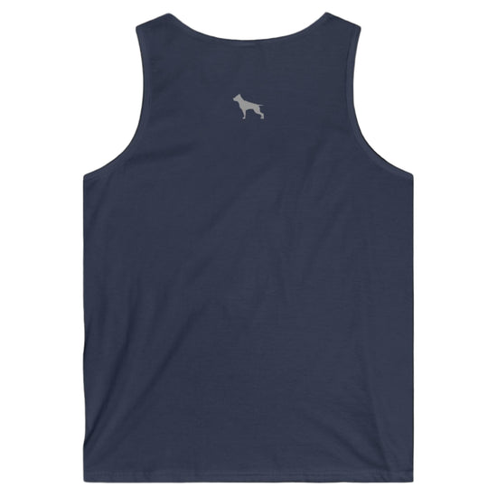 a navy blue Fitbull sports tank top branded with the Fitbull Fit Wear logo back view
