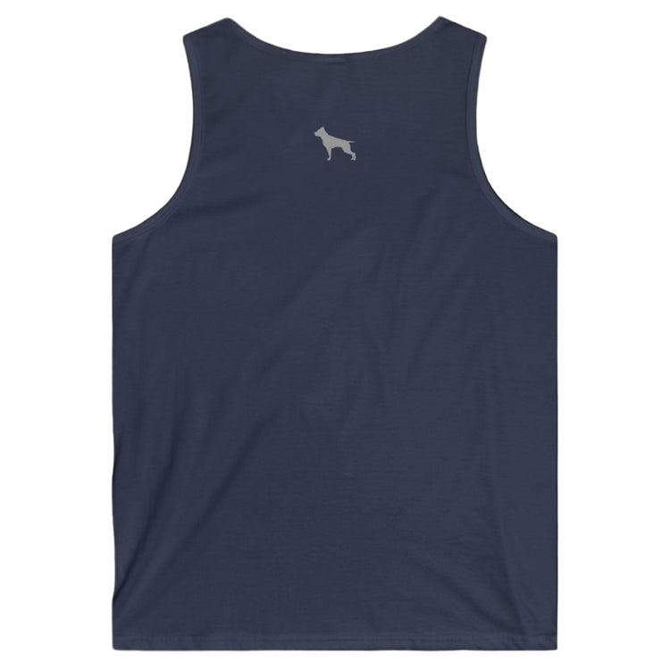 a navy blue Fitbull sports tank top branded with the Fitbull Fit Wear logo back view