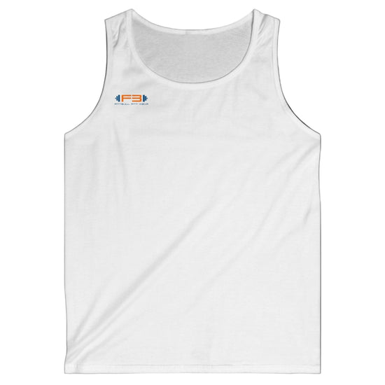 a white Fitbull sports tank top branded with the Fitbull Fit Wear logo