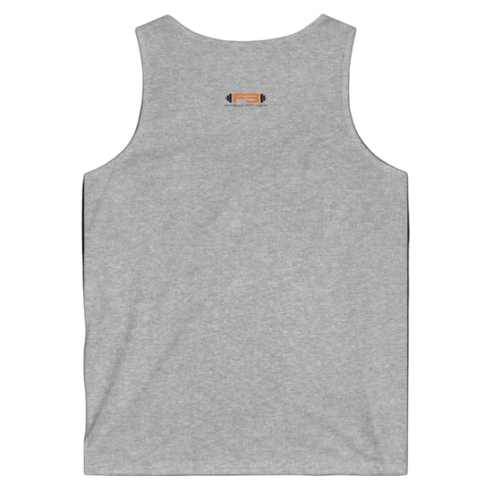  a silver Fitbull sports tank top branded with the Fitbull Fit Wear logo back view