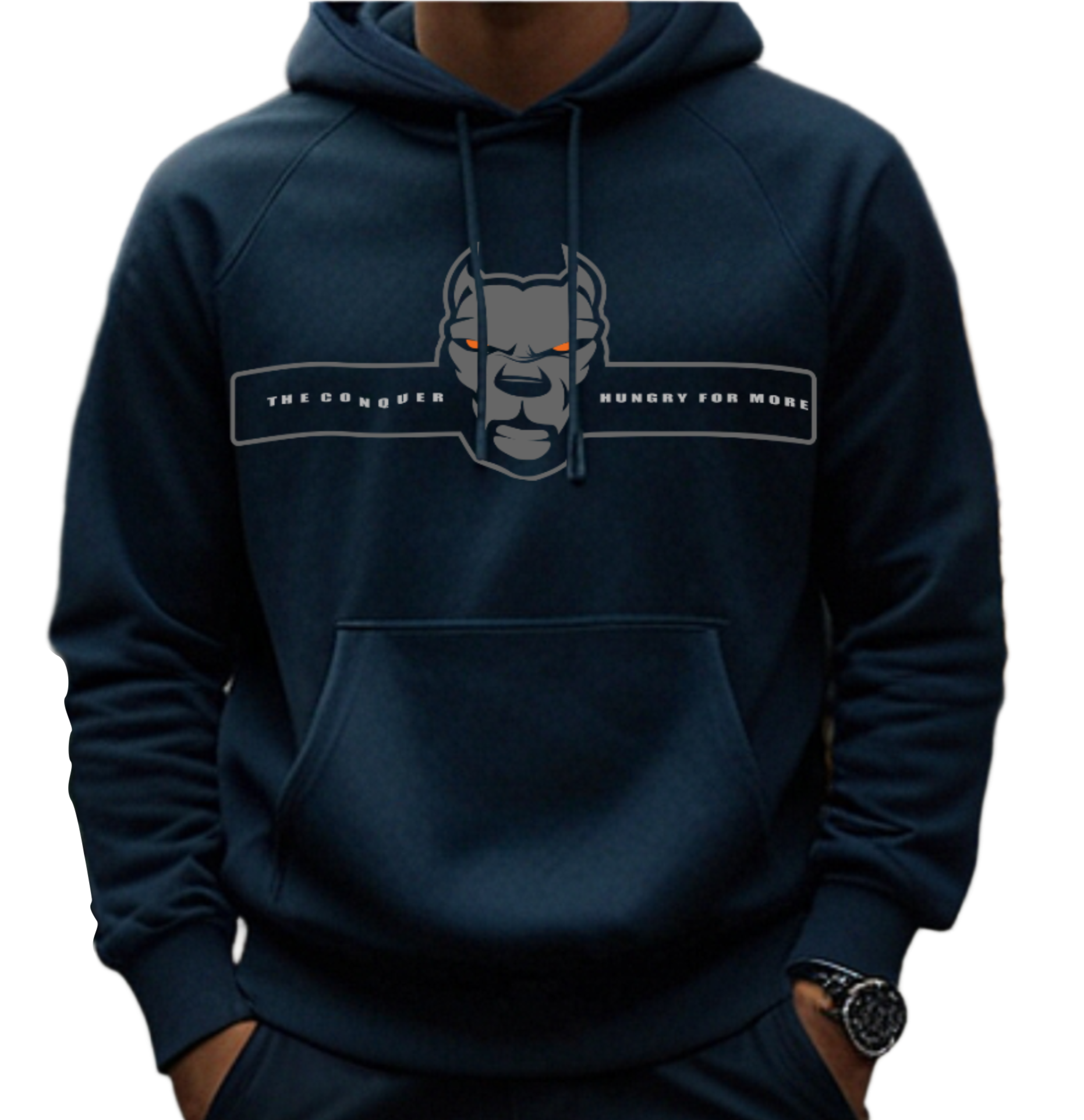man wearing a navy blue, sporty hoodie for fitness and bodybuilding training by the brand Fitbull, branded with a logo and a motivating motif