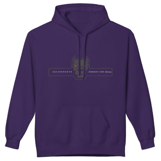purple sporty hoodie for fitness and bodybuilding training by the brand Fitbull, branded with a logo and a motivating motif front view