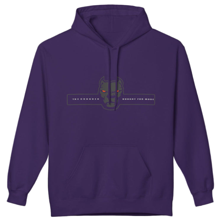 purple sporty hoodie for fitness and bodybuilding training by the brand Fitbull, branded with a logo and a motivating motif front view