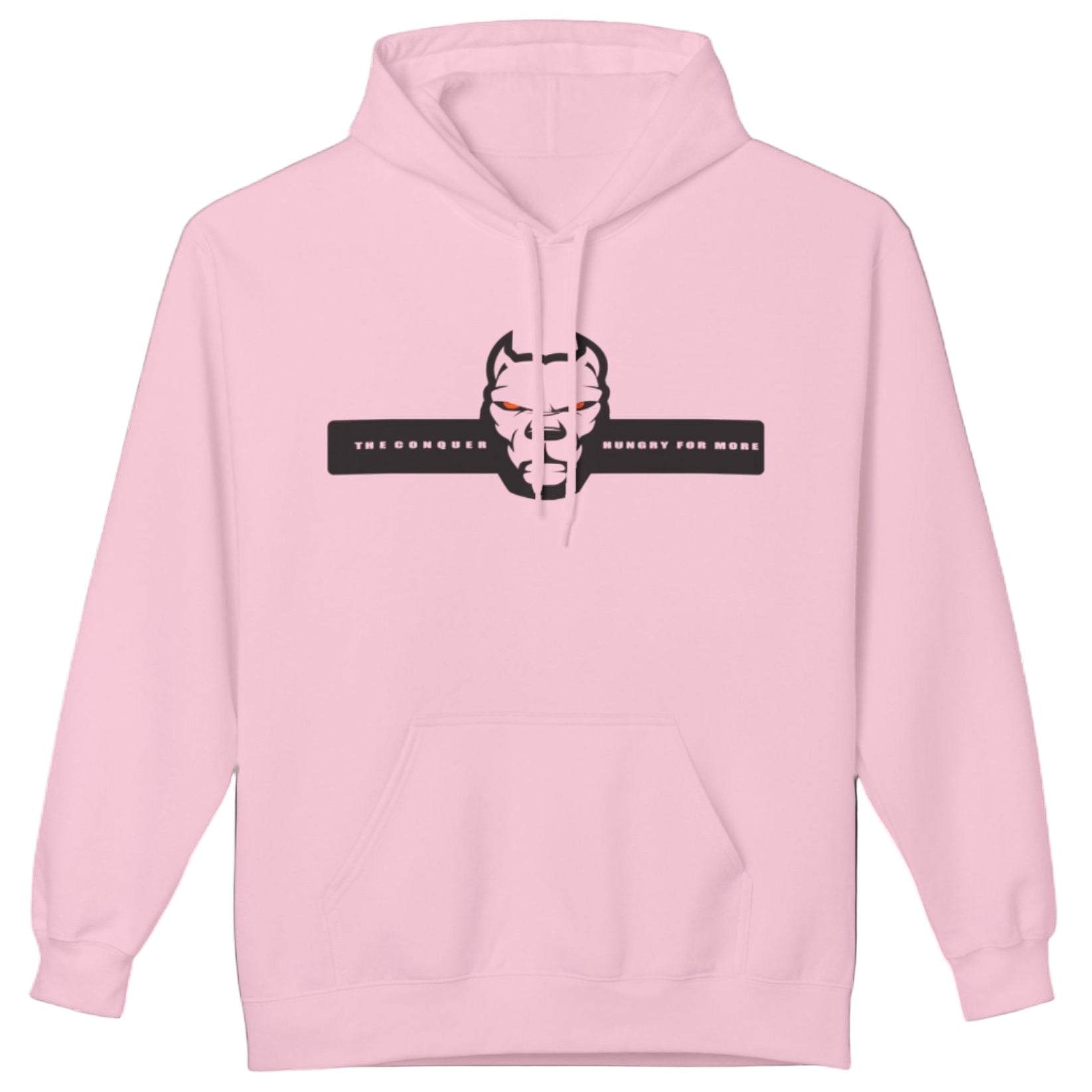pink sporty hoodie for fitness and bodybuilding training by the brand Fitbull, branded with a logo and a motivating motif front view