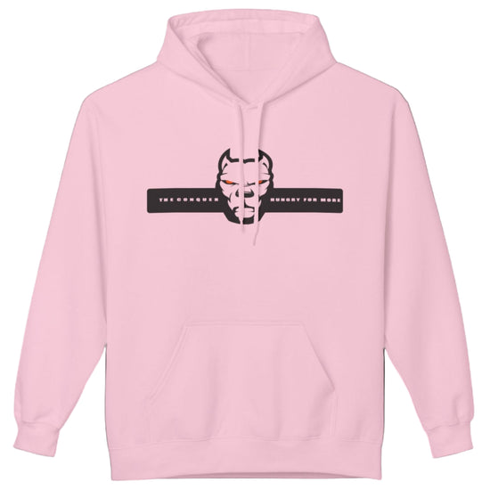 pink sporty hoodie for fitness and bodybuilding training by the brand Fitbull, branded with a logo and a motivating motif front view