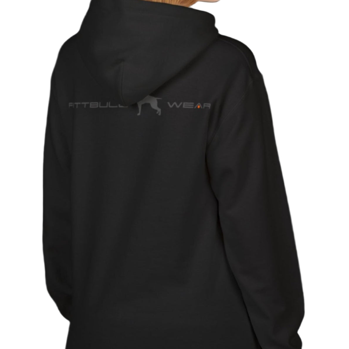 woman wearing black sporty hoodie for fitness and bodybuilding training by the brand Fitbull, branded with a logo and a motivating motif side view