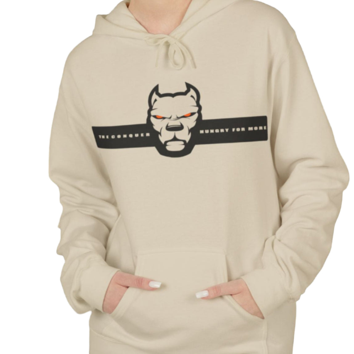woman wearing beige sporty hoodie for fitness and bodybuilding training by the brand Fitbull, branded with a logo and a motivating motif front view