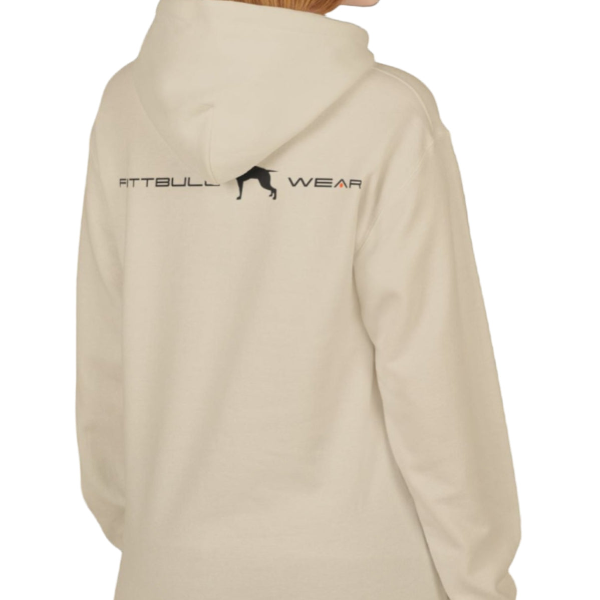 woman wearing beige sporty hoodie for fitness and bodybuilding training by the brand Fitbull, branded with a logo and a motivating motif side view