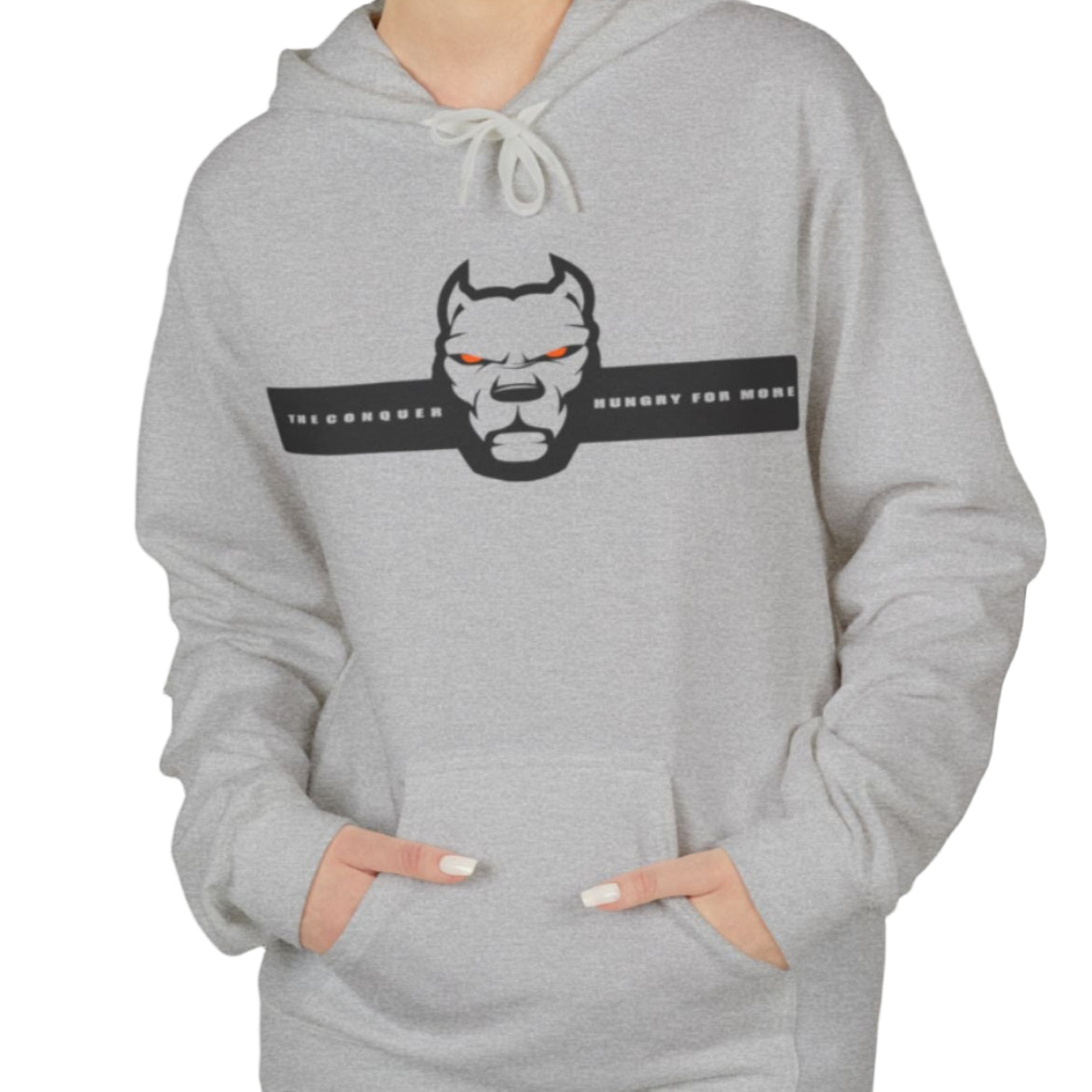 woman wearing grey sporty hoodie for fitness and bodybuilding training by the brand Fitbull, branded with a logo and a motivating motif front view