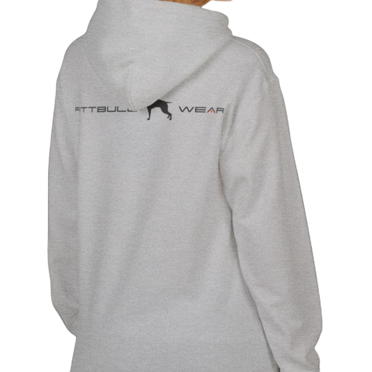 woman wearing grey sporty hoodie for fitness and bodybuilding training by the brand Fitbull, branded with a logo and a motivating motif side view