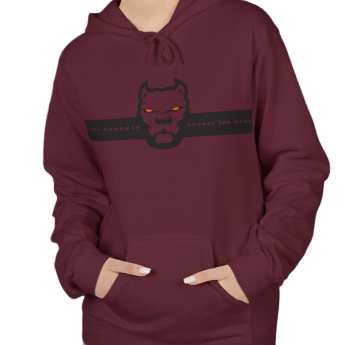 woman wearing red sporty hoodie for fitness and bodybuilding training by the brand Fitbull, branded with a logo and a motivating motif front view