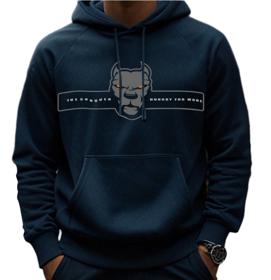 man wearing a navy blue, sporty hoodie for fitness and bodybuilding training by the brand Fitbull, branded with a logo and a motivating motif