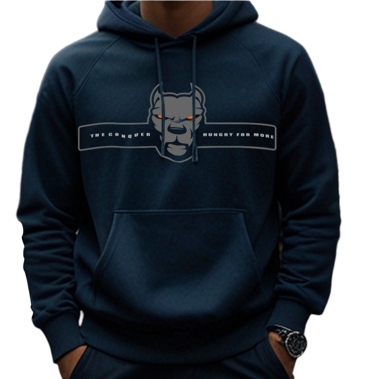 man wearing a navy blue, sporty hoodie for fitness and bodybuilding training by the brand Fitbull, branded with a logo and a motivating motif