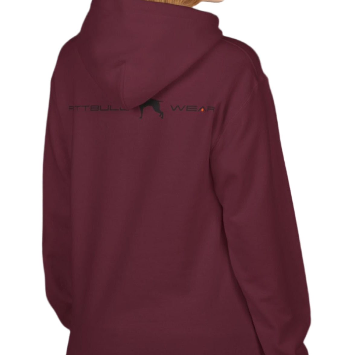 woman wearing red sporty hoodie for fitness and bodybuilding training by the brand Fitbull, branded with a logo and a motivating motif side view