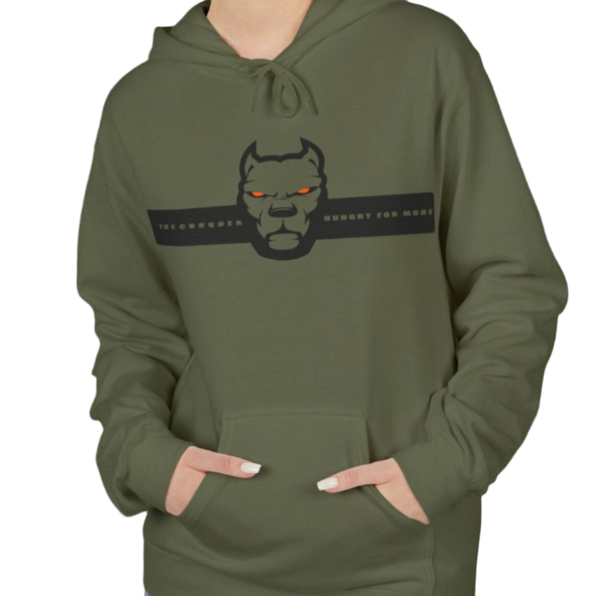 woman wearing green sporty hoodie for fitness and bodybuilding training by the brand Fitbull, branded with a logo and a motivating motif front view