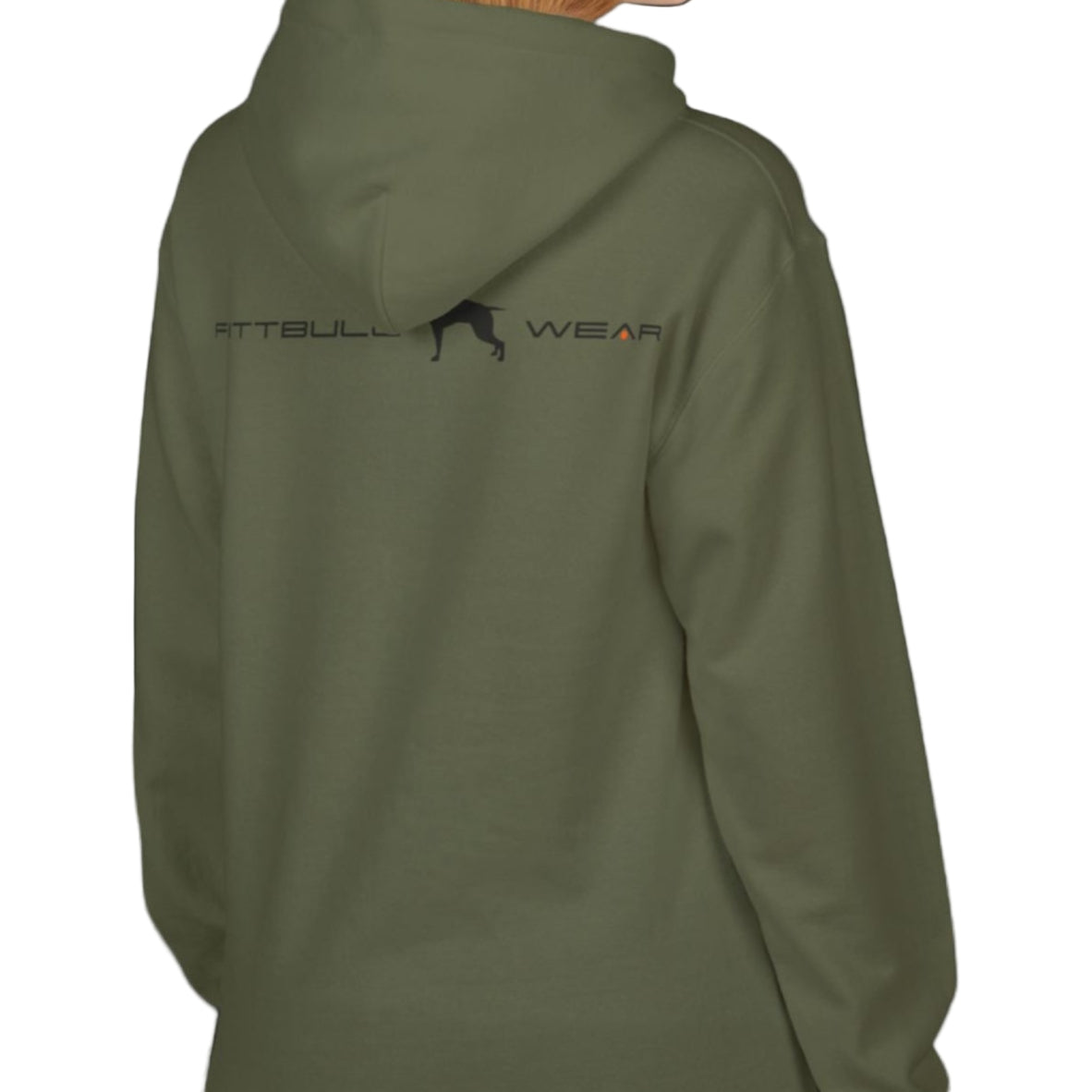 woman wearing green sporty hoodie for fitness and bodybuilding training by the brand Fitbull, branded with a logo and a motivating motif side view
