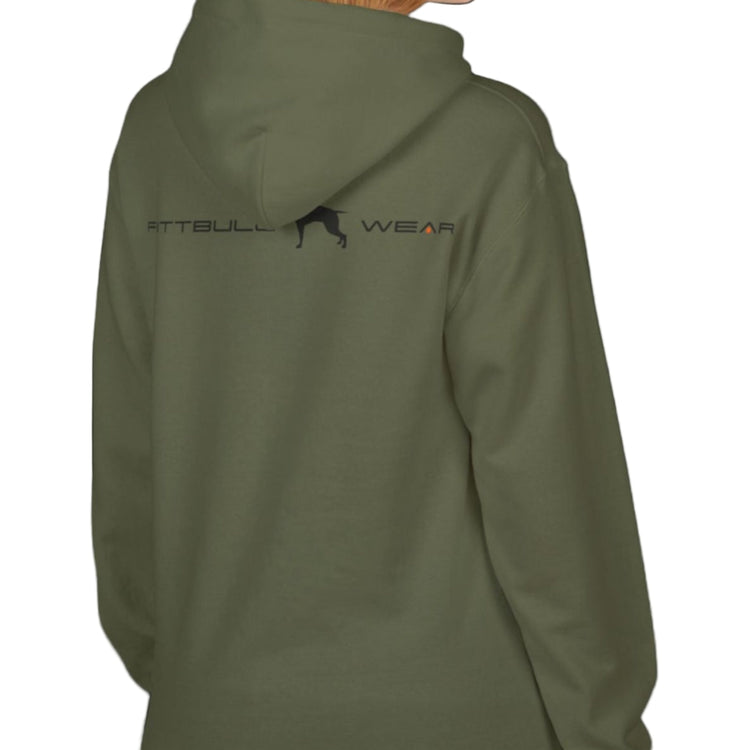 woman wearing green sporty hoodie for fitness and bodybuilding training by the brand Fitbull, branded with a logo and a motivating motif side view