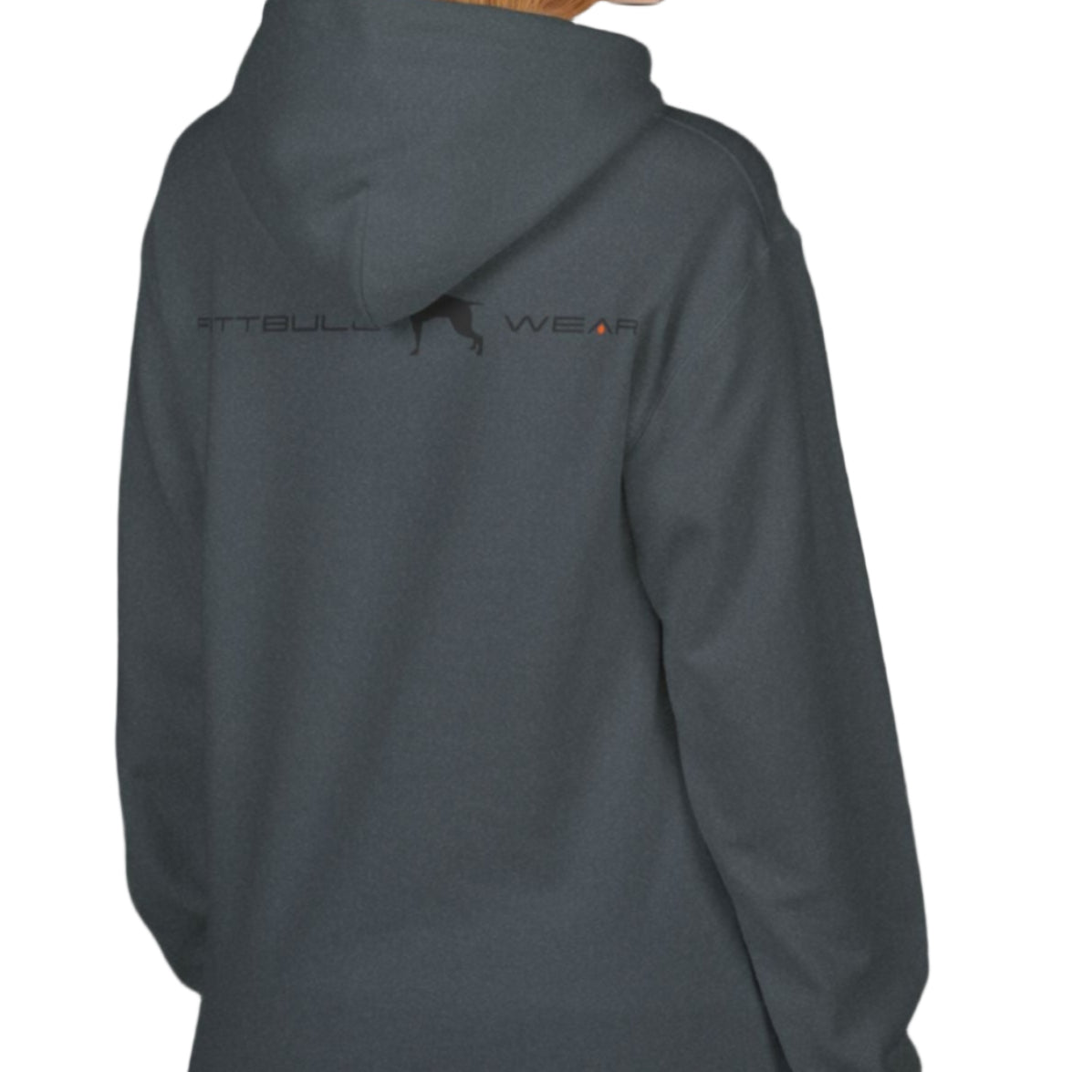 woman wearing navy sporty hoodie for fitness and bodybuilding training by the brand Fitbull, branded with a logo and a motivating motif side view
