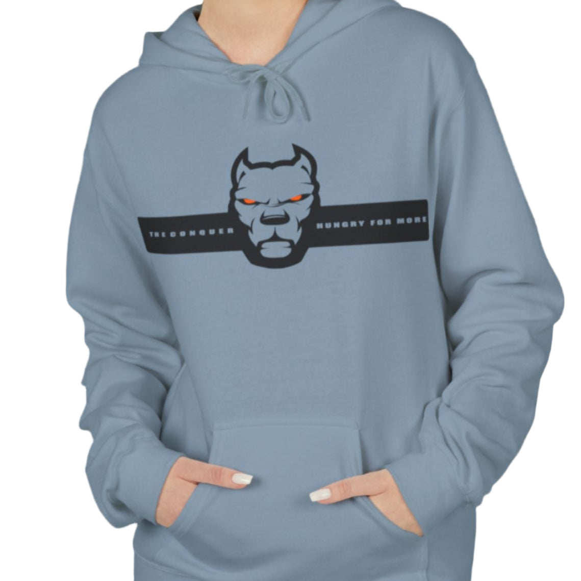 woman wearing blue sporty hoodie for fitness and bodybuilding training by the brand Fitbull, branded with a logo and a motivating motif front view