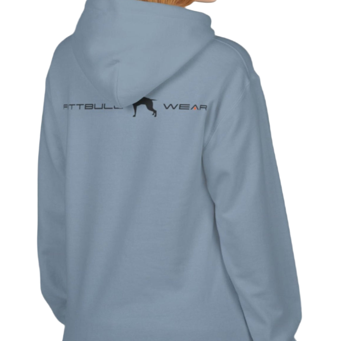 woman wearing blue sporty hoodie for fitness and bodybuilding training by the brand Fitbull, branded with a logo and a motivating motif side view