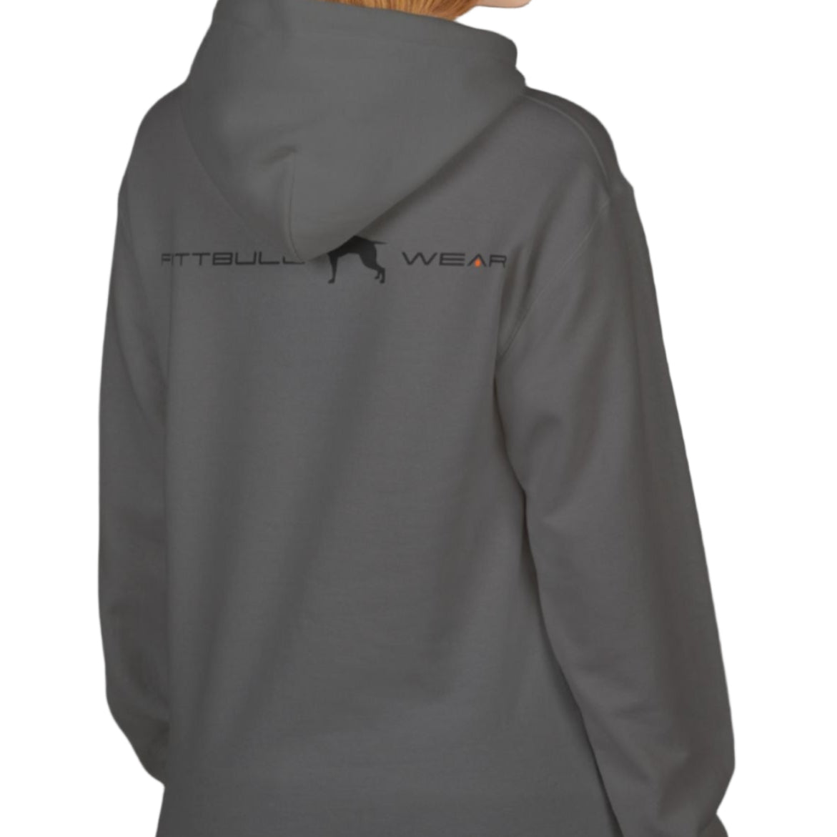 woman wearing grey sporty hoodie for fitness and bodybuilding training by the brand Fitbull, branded with a logo and a motivating motif side view