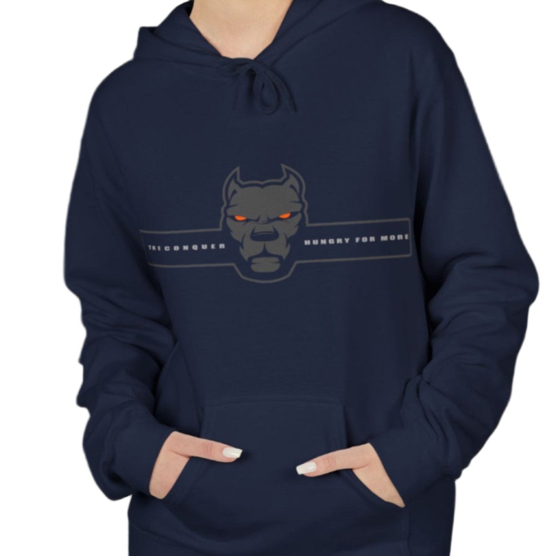 woman wearing dark navy sporty hoodie for fitness and bodybuilding training by the brand Fitbull, branded with a logo and a motivating motif front view