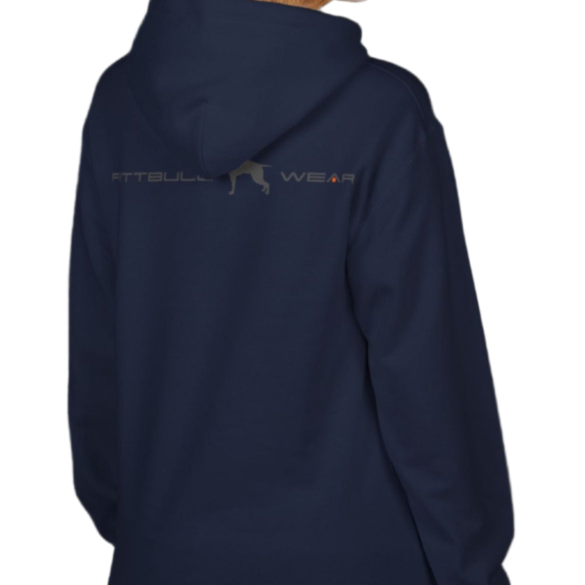 woman wearing dark navy sporty hoodie for fitness and bodybuilding training by the brand Fitbull, branded with a logo and a motivating motif side view