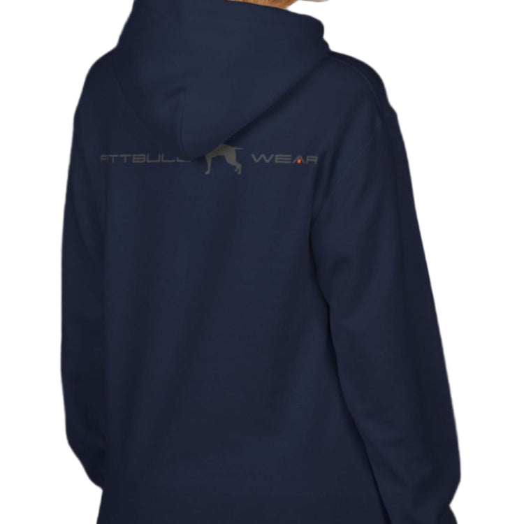 woman wearing dark navy sporty hoodie for fitness and bodybuilding training by the brand Fitbull, branded with a logo and a motivating motif side view