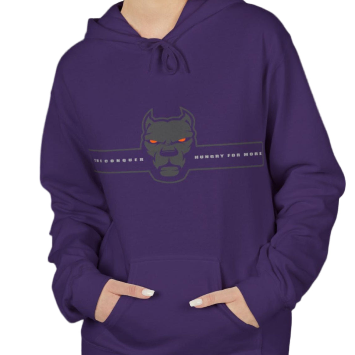 woman wearing purple sporty hoodie for fitness and bodybuilding training by the brand Fitbull, branded with a logo and a motivating motif front view